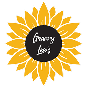 Granny Lew's Logo - Granny Lew's written in a script text in white overlaying a colour sunflower graphic.